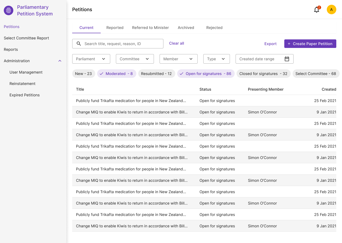 petition listing